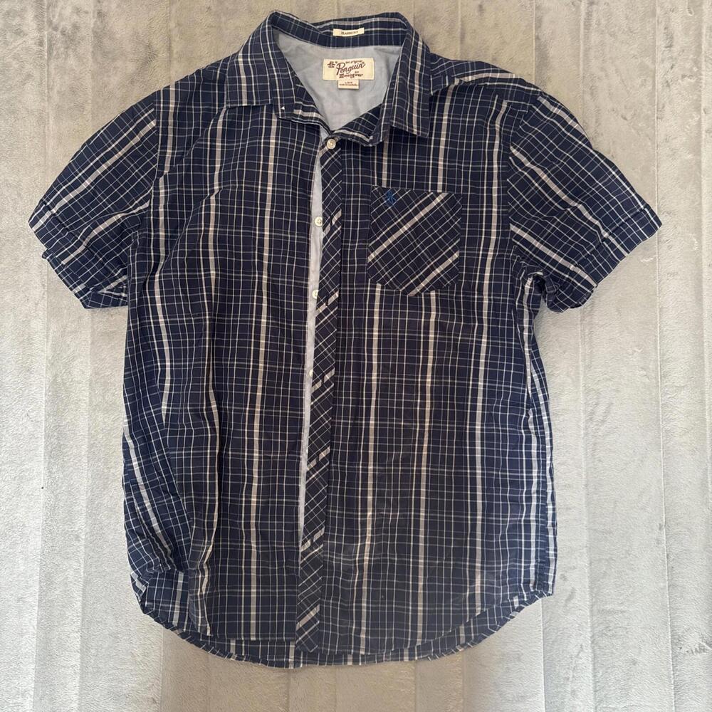 Penguin by Munsingwear Men's Shirt Size L Navy Blue White Plaid Short Sleeve
